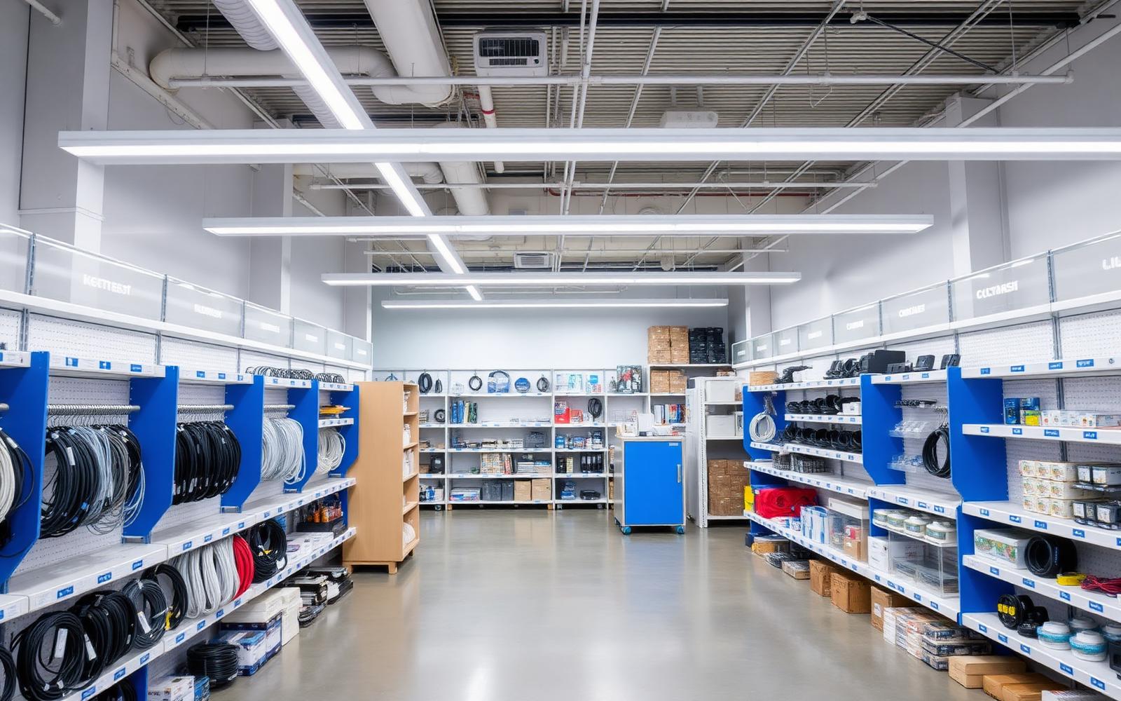 Modern electrical supplies showroom with lighting products and cables